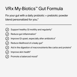 A gray block of text describing the Viome VRx My·Biotics™️ Gut Formula, including how they help fix the gut with daily powder blends personalized to each customer