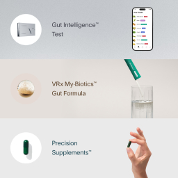 A grid showcasing the Viome Gut Intelligence Test on a light gray background, the Precision Supplements on a gray background, and the VRx My·Biotics™️ Gut Formula on a tan background