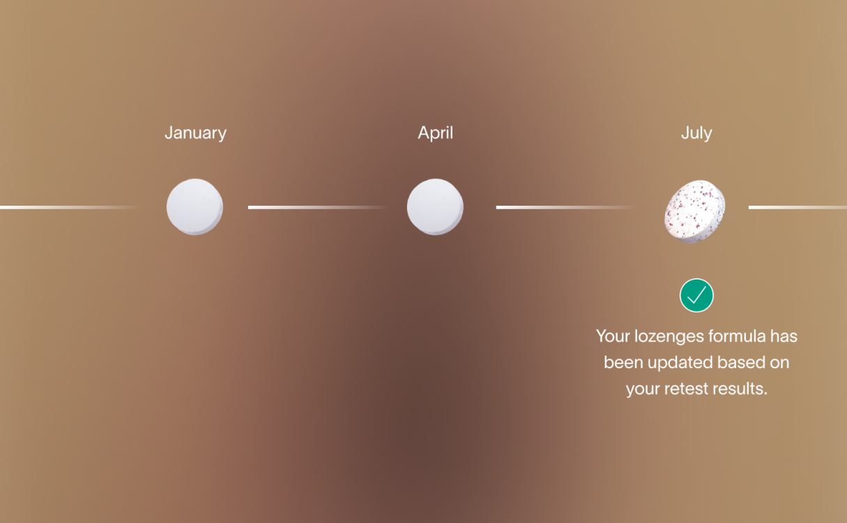 A visual timeline of a Viome Oral Lozenge formula, updated based on the customer’s changes in their oral microbiome test results