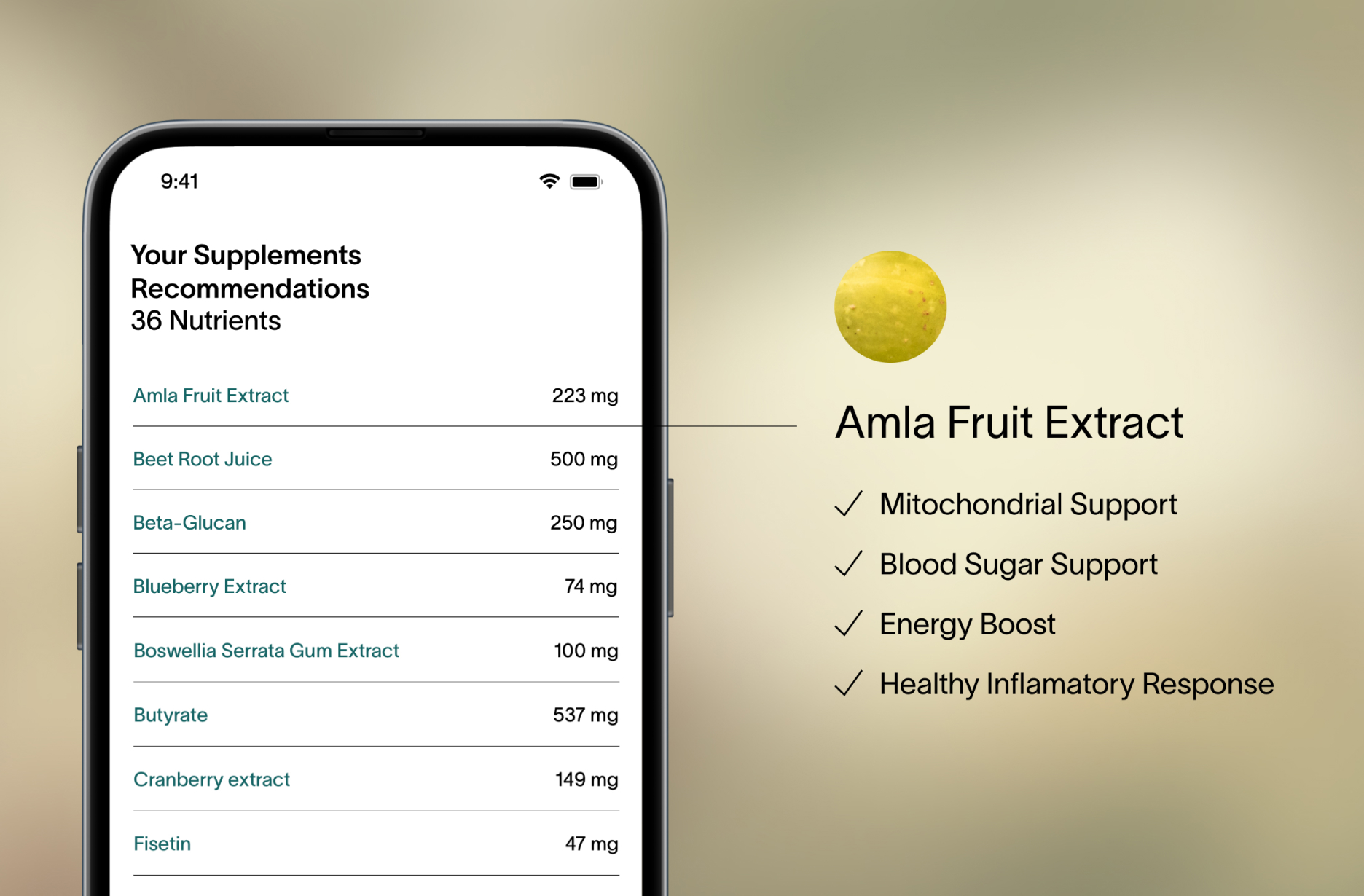 A smartphone screen of the Viome app showing  a customer’s supplement recommendations with specific data points