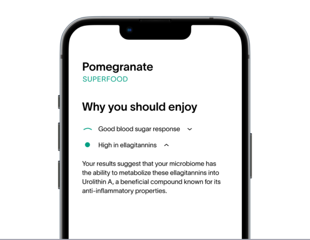 A smartphone screen showing Viome-recommended superfood - Pomegranate