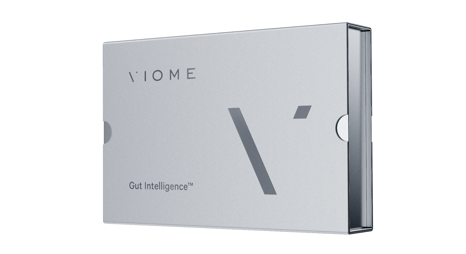 The Viome Gut Intelligence Test: a gut health testing kit packaged in a silver box 